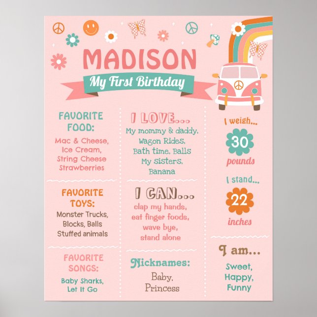 Groovy One Retro Daisy Birthday Milestone Zeichen Poster (Vorne)