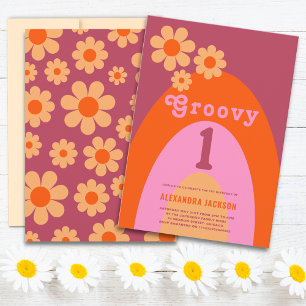 Groovy One Retro Daisy Bogen 1. Geburtstagsfeier Einladung
