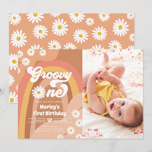 Groovy One Retro Daisy Boho Hippie Erster Geburtst Einladung (Vorne/Hinten)
