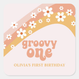 Groovy one Retro Daisy Boho Rainbow Square Sticker