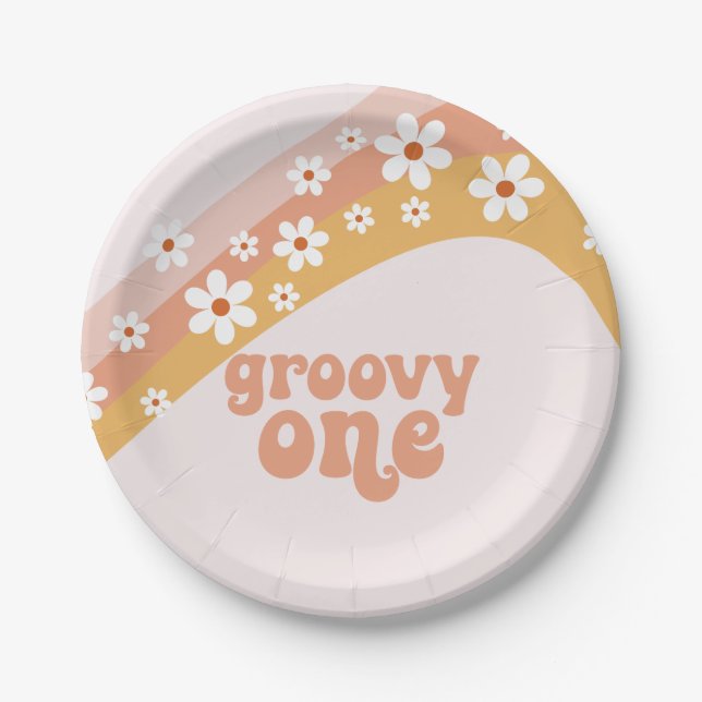 Groovy One Retro Daisy Boho Regenbogen-Papierplatt Pappteller (Vorderseite)
