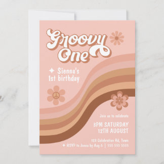Groovy One Retro Daisy Pink Girl 1. Geburtstag Einladung