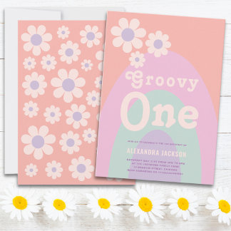 Groovy One Retro Daisy Rainbow 1. Geburtstag Party Einladung