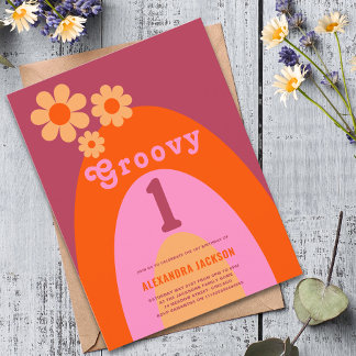 Groovy One Retro Daisy Rainbow 1. Geburtstag Party Einladungspostkarte