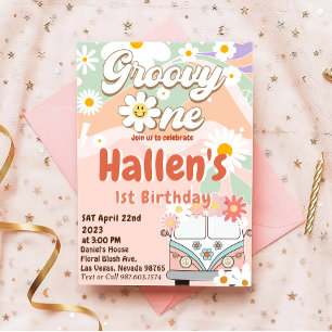 Groovy One Retro Daisy Rainbow Erster Geburtstag Einladung