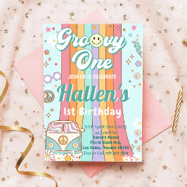 Groovy One Retro Daisy Rainbow Erster Geburtstag Einladung