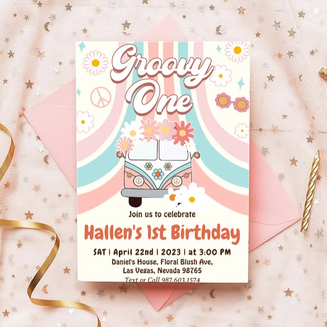 Groovy One Retro Daisy Rainbow Erster Geburtstag Einladung (Von Creator hochgeladen)