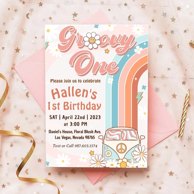 Groovy One Retro Daisy Rainbow Erster Geburtstag Einladung (Von Creator hochgeladen)