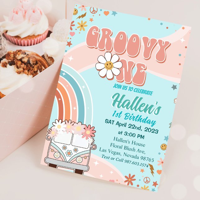 Groovy One Retro Daisy Rainbow Erster Geburtstag Einladung (Von Creator hochgeladen)