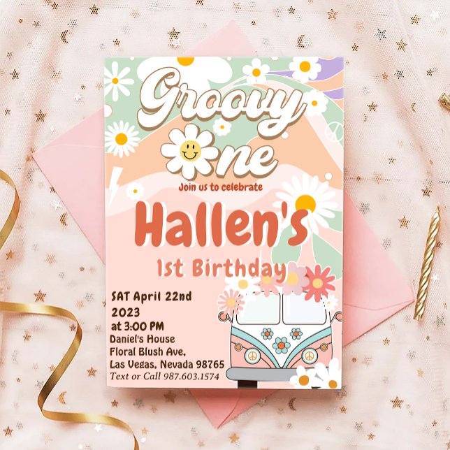 Groovy One Retro Daisy Rainbow Erster Geburtstag Einladung (Von Creator hochgeladen)