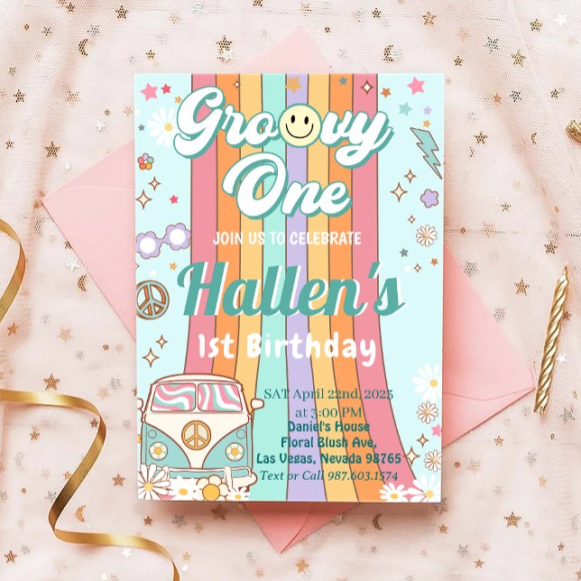 Groovy One Retro Daisy Rainbow Erster Geburtstag Einladung (Von Creator hochgeladen)