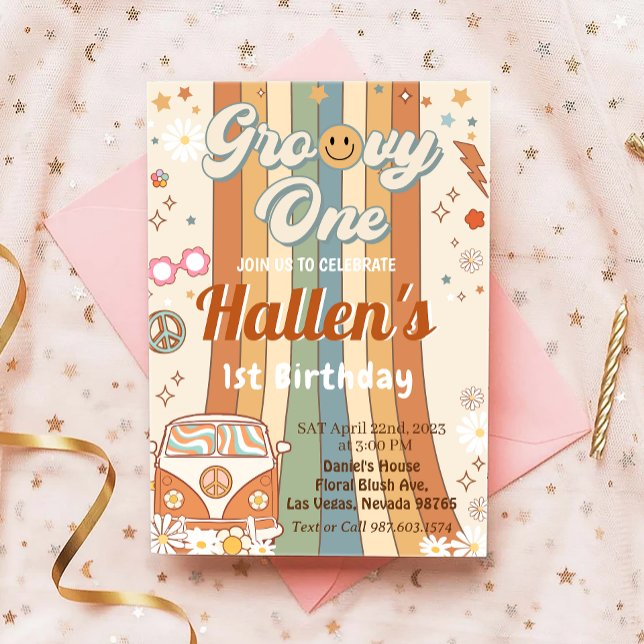 Groovy One Retro Daisy Rainbow Erster Geburtstag Einladung (Von Creator hochgeladen)