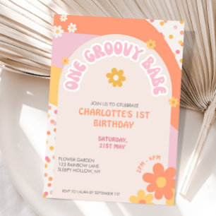 Groovy One Retro Daisy Regenbogen Mädchen Erster G Einladung