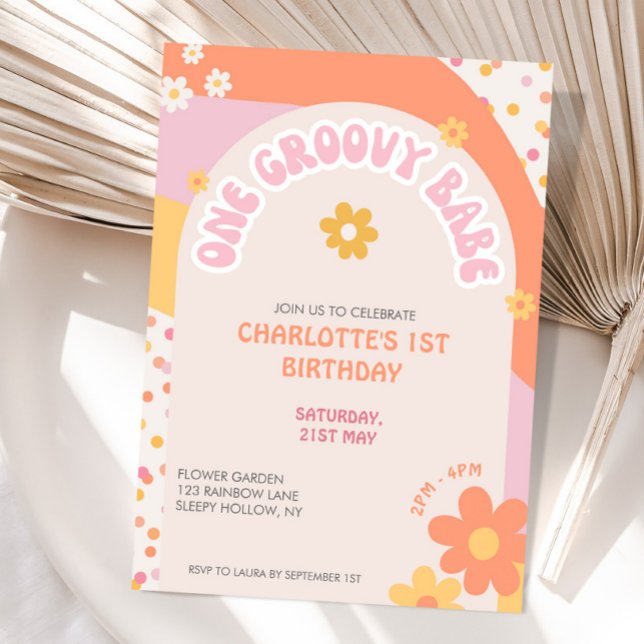 Groovy One Retro Daisy Regenbogen Mädchen Erster G Einladung (Von Creator hochgeladen)