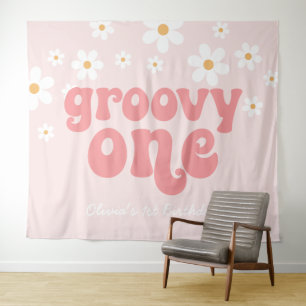Groovy One Retro Daisy Rosa 1. Geburtstagsbanner Wandteppich