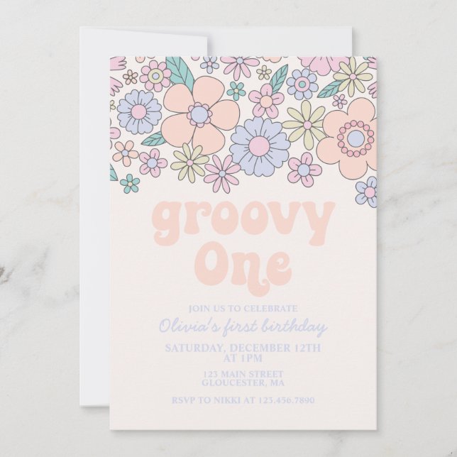 Groovy One Retro Floral 1. Geburtstag Einladung (Vorderseite)