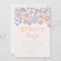 Groovy One Retro Floral 1. Geburtstag Einladung