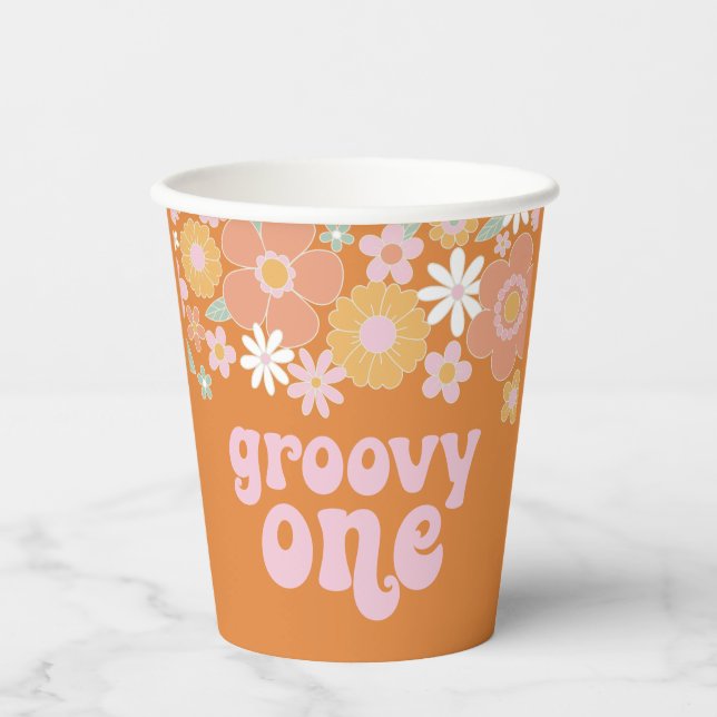 Groovy One Retro Floral erste Geburtstagspapier Cu Pappbecher (Vorderseite)