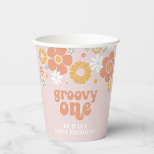 Groovy One Retro Floral erster Geburtstag Pappbecher