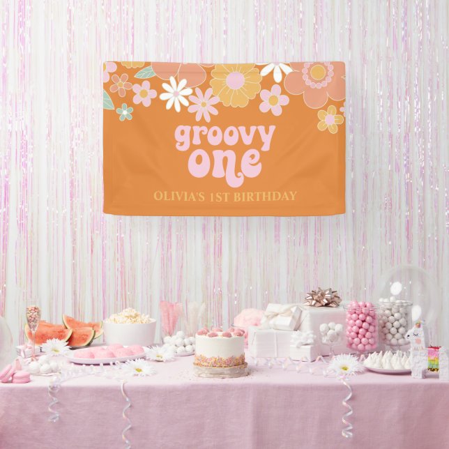 Groovy One Retro Floral Geburtstagsbanner Banner (Party)