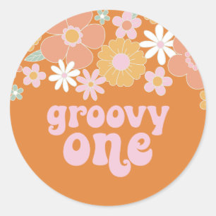 Groovy One Retro Floral Geburtstagsbanner Runder Aufkleber