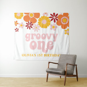 Groovy One Retro Floral Geburtstagsbanner Wandteppich