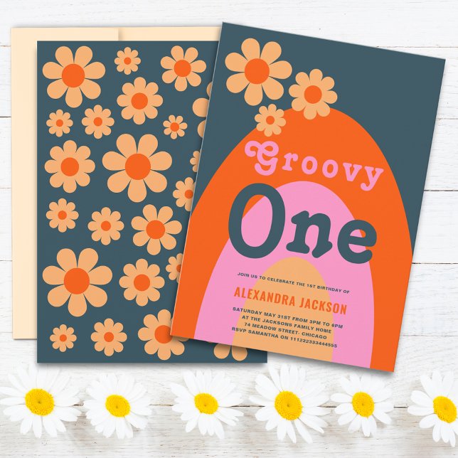 Groovy One Retro Girls 1. Geburtstag Party Einladung (Groovy one daisy arch 1st birthday party invitation pink orange yellow navy blue 70s hippie vibe)