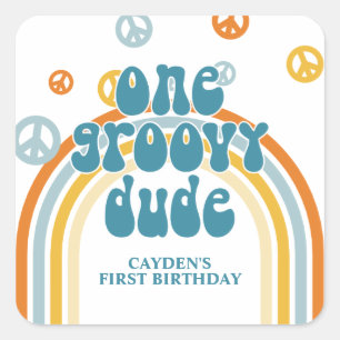 Groovy One Retro Junge erster Geburtstag Quadratischer Aufkleber