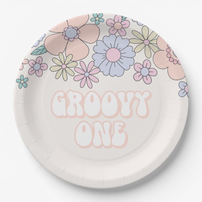Groovy One Retro pastel Floral 1. Geburtstag Pappteller (Vorderseite)