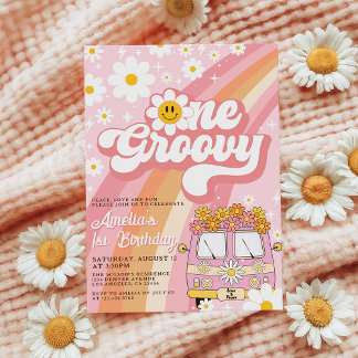 Groovy One Retro Pink Daisy 1. Geburtstag Einladung