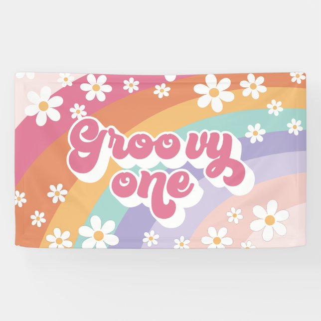 Groovy One Retro Rainbow 1. Geburtstag Banner (Horizontal)