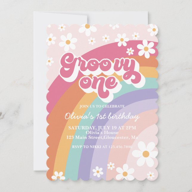 Groovy One Retro Rainbow 1. Geburtstag Einladung (Vorderseite)