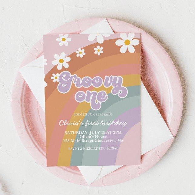 Groovy One Retro Rainbow 1. Geburtstag Einladung (Von Creator hochgeladen)