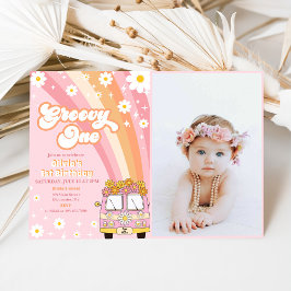 Groovy One Retro Rainbow 1. Geburtstag Foto Einladung