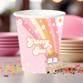 Groovy One Retro Rainbow 1. Geburtstag Pappbecher