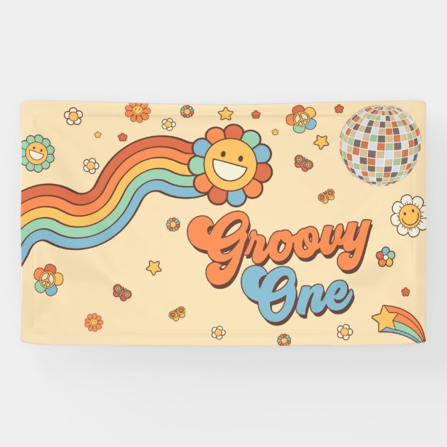 Groovy One Retro Rainbow 1. Geburtstag Party Banner (Horizontal)