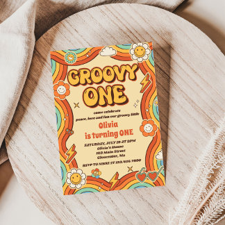 Groovy One Retro Rainbow 1. Geburtstag Party Einladung