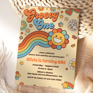 Groovy One Retro Rainbow 1. Geburtstag Party Einladung