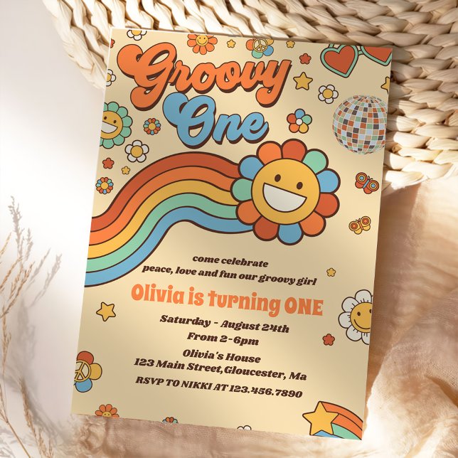 Groovy One Retro Rainbow 1. Geburtstag Party Einladung (Von Creator hochgeladen)