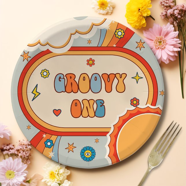 Groovy One Retro Rainbow Birthday Party Pappteller (Von Creator hochgeladen)