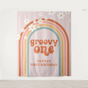 Groovy One Retro Rainbow Daisy Birthday Banner Wandteppich