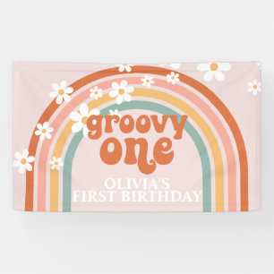 Groovy One Retro Regenbogen Gänseblümchen Geburtst Banner