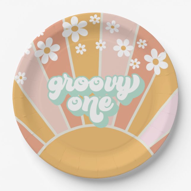 Groovy One Retro Sunshine daisy boho Pappteller (Vorderseite)