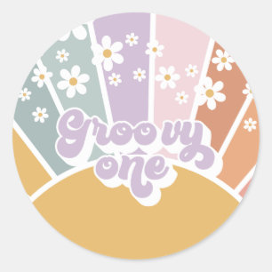 Groovy One Retro Sunshine Rainbow Daisy Runder Aufkleber