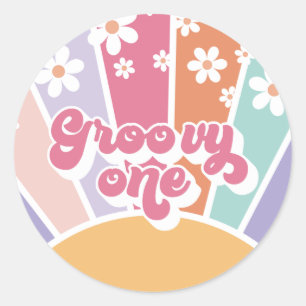 Groovy One Retro Sunshine Rainbow Daisy Runder Aufkleber