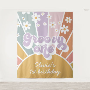 Groovy One Retro Sunshine Rainbow Daisy Wandteppich