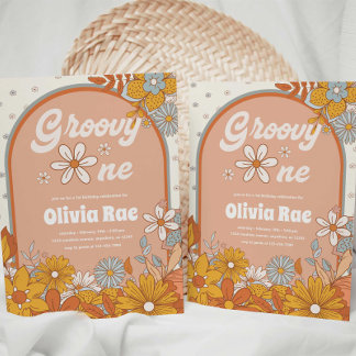 Groovy One Retro Thema 1. Geburtstag Einladung