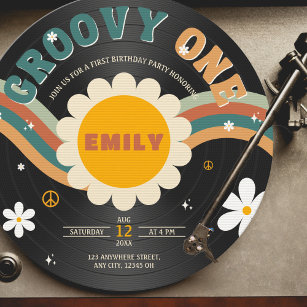 Groovy One Retro Vinyl Record Girl's 1. Geburtstag Einladung