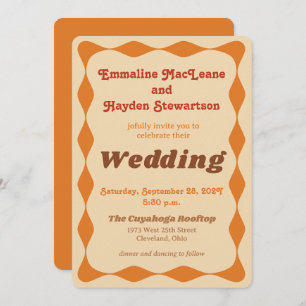 Groovy Orange and Brown Wavy Border Wedding Einladung