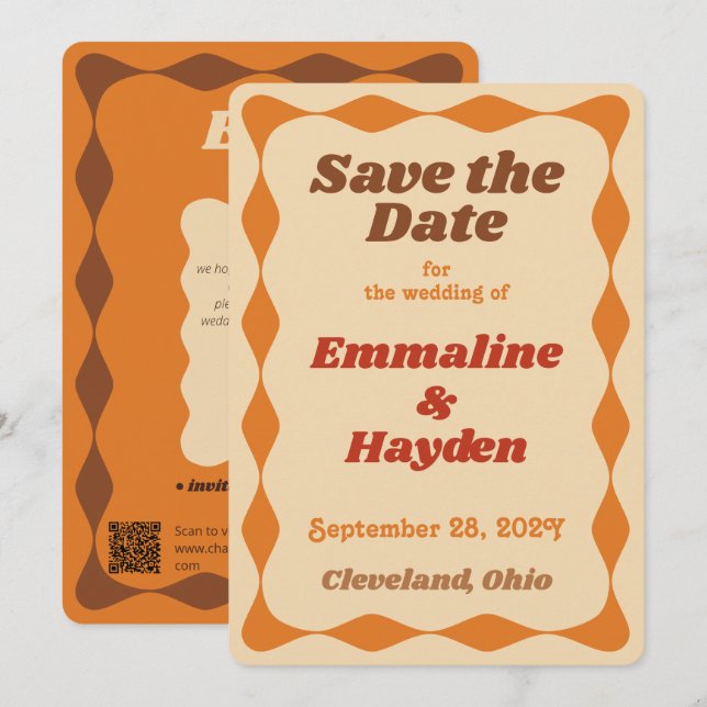 Groovy Orange and Brown Wavy Border Wedding Save The Date (Vorne/Hinten)